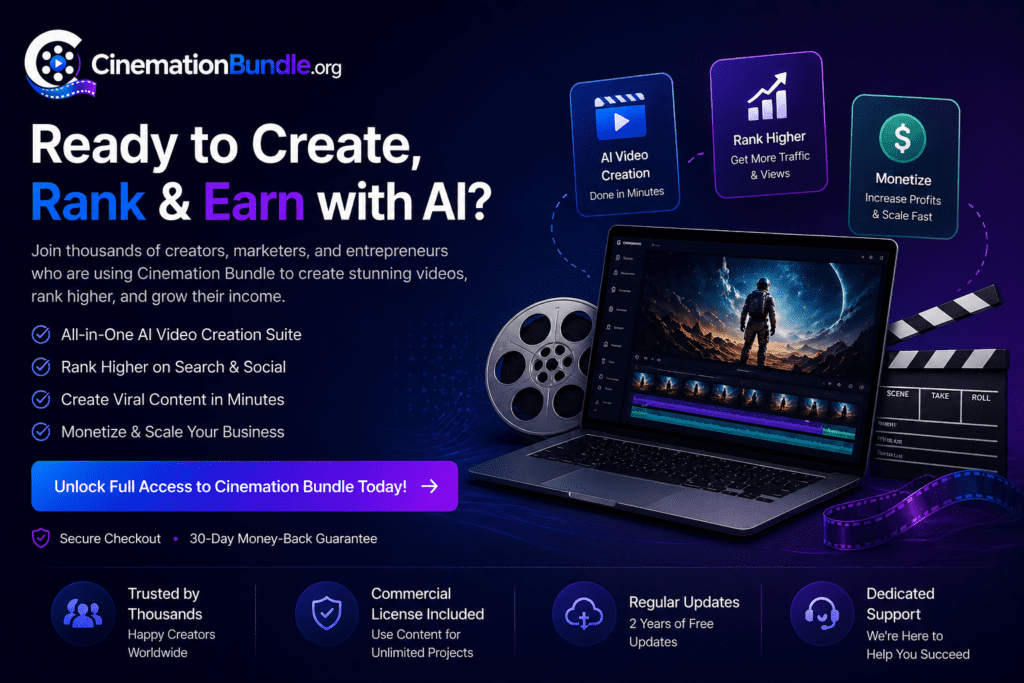 Cinemation Bundle final CTA banner showing AI video creation dashboard on laptop with features like rank higher, monetize, and create viral content with strong call to action
