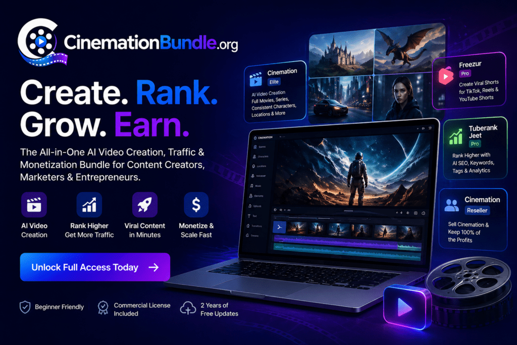 Cinemation Bundle hero banner showing AI video creation platform with cinematic scenes, laptop dashboard, and features like ranking, viral content, and monetization tools
