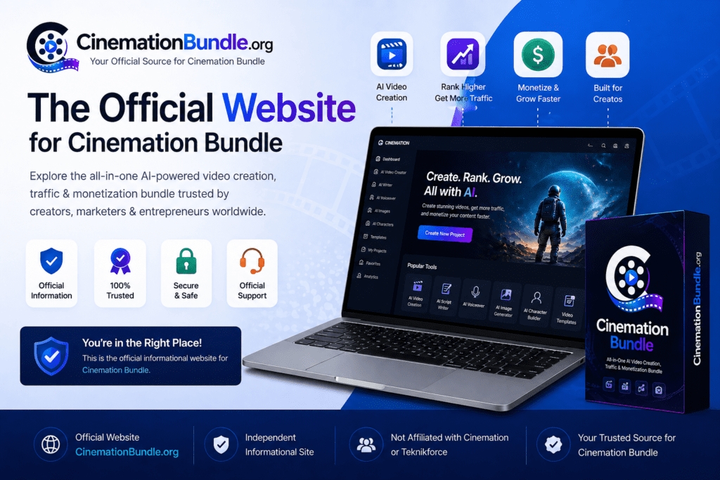 Cinemation Bundle official website banner showing AI video creation platform with laptop dashboard, features like rank higher, monetize, and secure access information