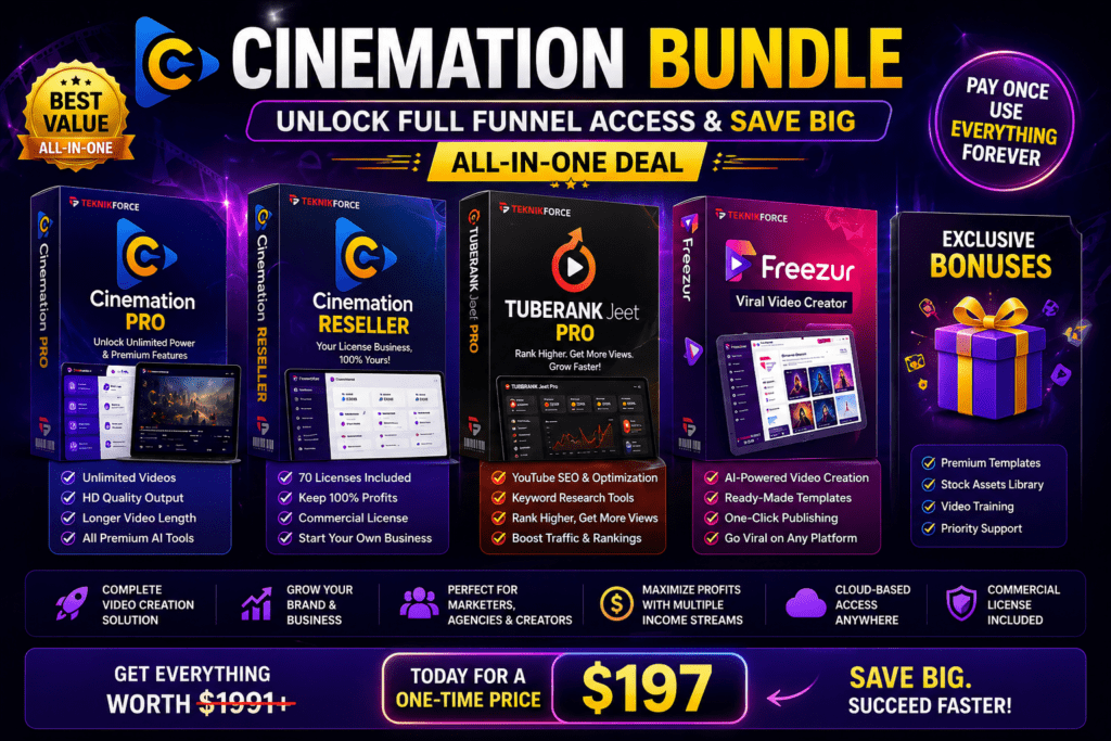 Cinemation Bundle pricing page showing one-time payment plans with Basic, Pro, and Elite options, features comparison, and AI video creation benefits